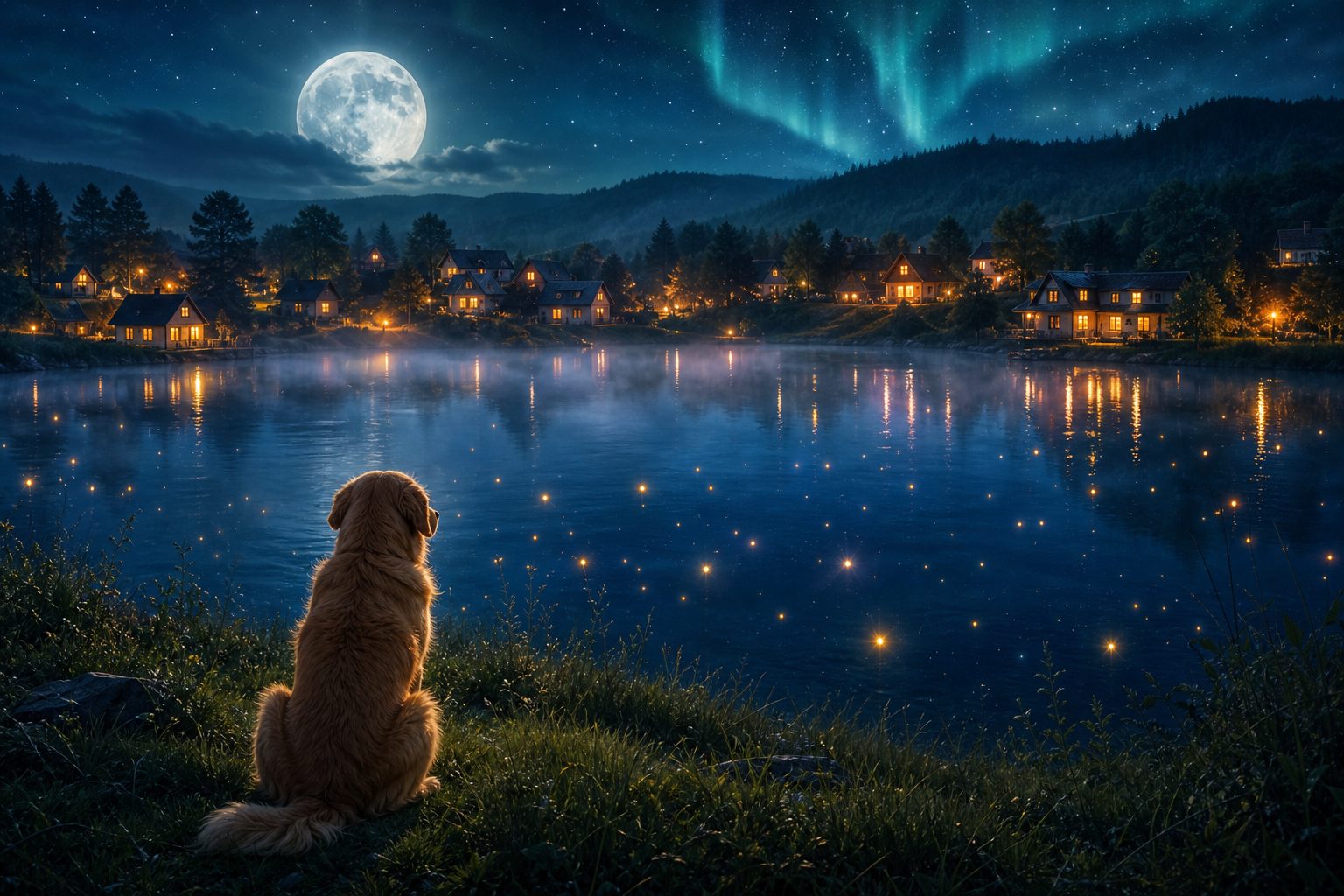 A golden retriever sits on a bank at night, watching a lantern-lit village across the water under the moon.